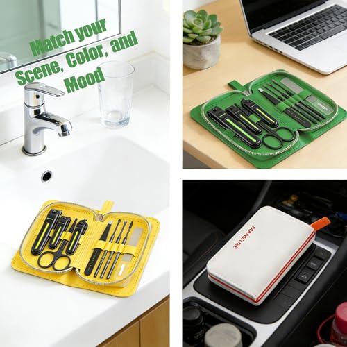 9-in-1 Manicure and Pedicure Kit for Men & Women, Travel Nail Clipper Set with Stainless Steel Tools & Glass Nail File, Portable Grooming Kit in PU Leather Case, Personal Care Gift - color: Green-Black