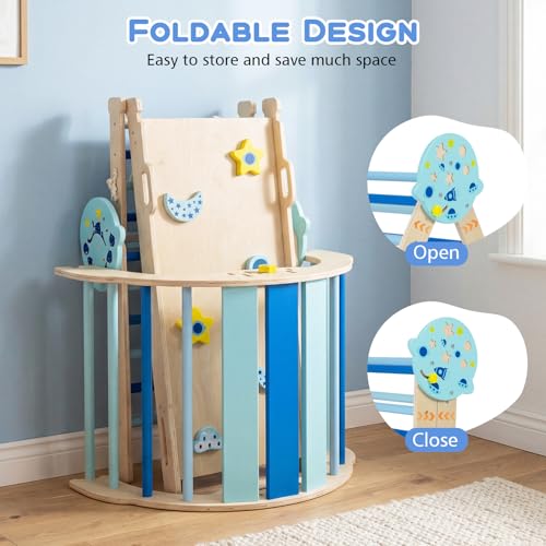 HONEY JOY Pikler Triangle Set, 9 in 1 Foldable Wooden Triangle Climber w/Arch, Ramp, Climbing Rope & Ladder, Baby Indoor Playground Jungle Gym, Montessori Climbing Toy for Toddlers (Blue) - color: Blue