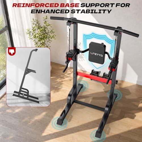 Power Tower Pull Up Bar Free Standing,Multi-Level Adjustable Height Dip Station, Multi-Grip Handles,Backrest,Home Gym Strength Training Equipment with Power Elastic Ropes,Capacity 400LBS