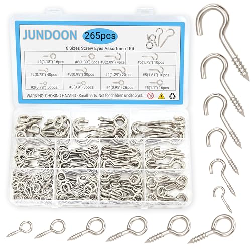 265-Piece Zinc-Plated Screw Eyes & Hooks Assortment Kit, 11 Sizes Self-Tapping Metal Eyelet Screws, 3/4"–2-1/16" for Hanging, Crafts & DIY