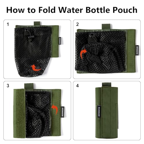 BASSDASH Tactical Molle Water Bottle Pouch with Carabiner Foldable Mesh Holder Bag for Travel Fishing Hunting Hiking Outdoor Activities - color: Army Green with Upgraded Molle Straps