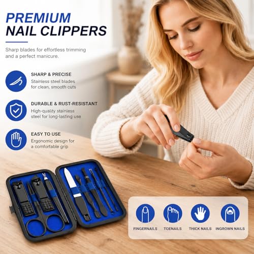 Nail Clipper Set 9 Piece Manicure Kit Nail Care Tools with Portable Case Fingernail Toenail Grooming Set - color: 9pack Blue