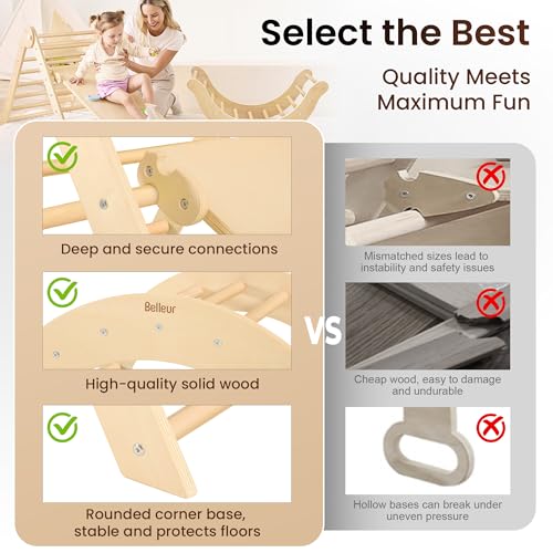 Belleur 7-in-1 Climbing Toys for Toddlers 1-3 Years Old, Foldable Wooden Pikler Triangle Set Indoor, Montessori Climbing Set with Arch, Ramp & Ladder - Natural - color: Natural