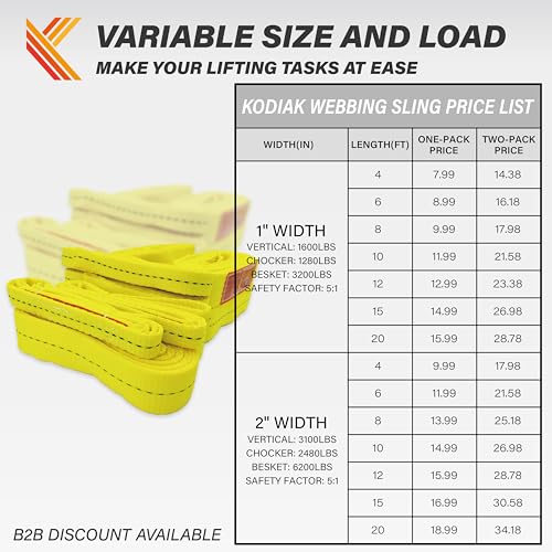 1-Ply Lifting Sling Straps 1”x 6ft - 1650lbs Vertical Capacity Heavy Duty Flat Eye Lift Sling, for Rigging Moving Towing Hoisting -1Pack - Kodiak Straps - color: 1 PACK, size: 1inch x 6ft