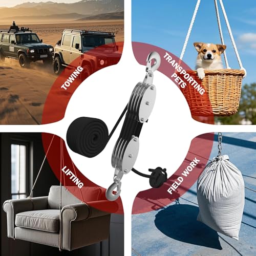 YATOINTO Rope Hoist Pulley System with Metal Bearing Rope Guide, 4400LB Pulley Block and Tackle, 8:1 Ratio Lifting Power 65ft, Heavy Duty Pulley Block for Hunting Lifting Garage Warehouses Building - size: (Anti-tangle)4 Pulley