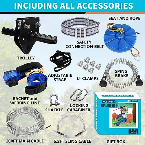 Zip Line Kit for Kids Adults : 200FT Up to 380Lbs - Quick Tighten Zipline for Backyard Outdoor with 100% Rust Proof Removable Trolley Seat Spring Brake - size: 200ft