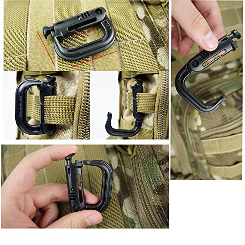 Jadedragon Multipurpose Tactical 360 Rotation D-Ring Clips/Locking Carabiner/Hydration Tube Clips/Elastic String Strap Management Tool for MOLLE Webbing Attachment Backpacks - color: LC-Brown