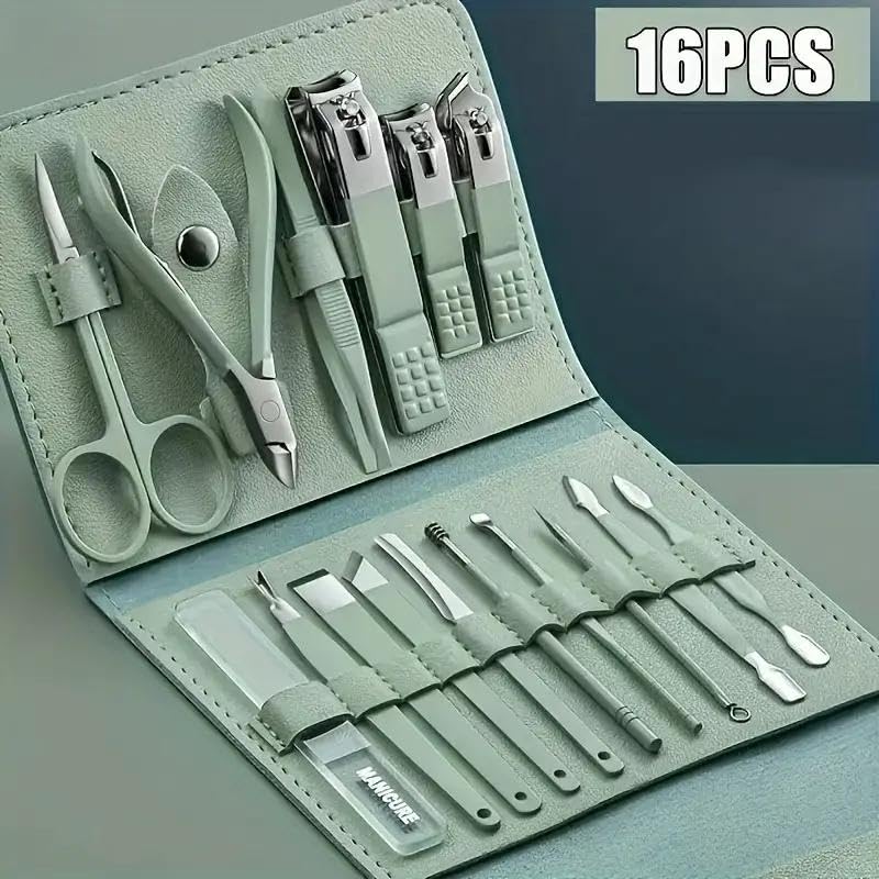 16PCS Professional Manicure & Pedicure Set Stainless Steel Nail Care Kit Travel Manicure Kit, Brown - color: Brown