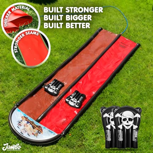 JAMBO Premium 22Ft Water Slide and 2 Bodyboards, Extra Long Heavy Duty Slip Splash and Slide with Inflatable Bumpers, Pirate Splash Mat Water Sprinkler, Outdoor Water Toys, Summer n Toy, Splash Pad - color: 22ft Pirate