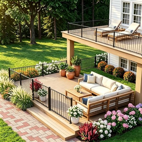 Aluminum Deck Railing Kit, Modular 36 in H. x 5 Ft W Level Railing Kit for Outdoor Steps,Heavy Duty Balustrade System for Deck, Porch, Patio & Balcony(1 Post, 1 Panel) - size: 5Feet-Level