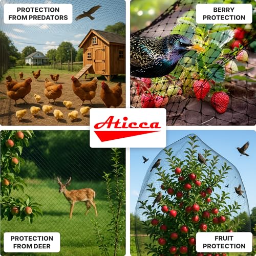ATICCA Heavy Duty Bird Netting for Garden Protection & Fruit Trees, 7.5x100 Ft with 10 Stakes – Black Anti-Bird Net for Poultry, Deer, & Squirrel Protection, Durable Mesh for Garden and Yard Use - size: 7.5x100 Bird Netting