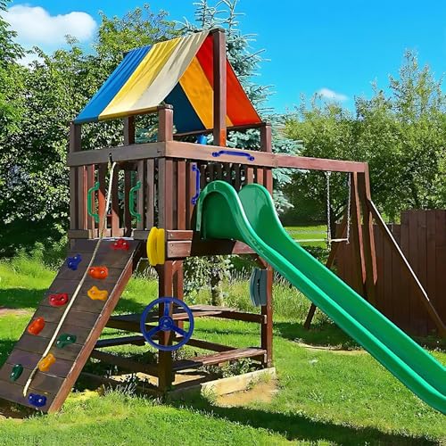 KINSPORY 17 Pack Playground Accessories for Kids - 10pc Colourful Rock Climbing Holds, 4pc Climbing Handles & Grips, 2pc Play Phones and Steering Wheel for Wooden Playset, Swing Set & Tree House