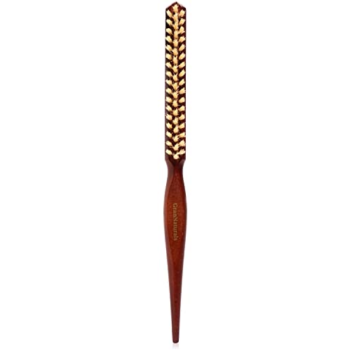GranNaturals Soft Boar Bristle Teasing Brush for Slick Back Hair, Backcombing, Edge Control, Smoothing Baby Hairs to Create Volume and Sleek Hairstyle - White Bristles - Wooden Rat Tail Comb Handle