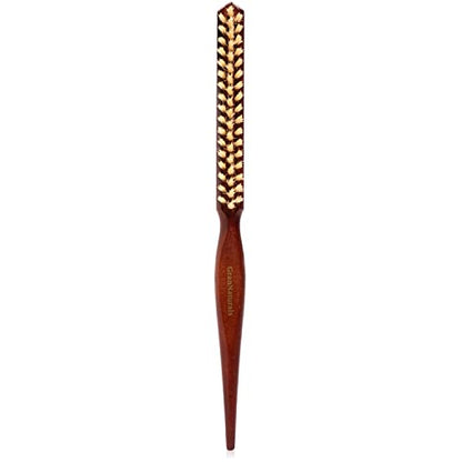 GranNaturals Soft Boar Bristle Teasing Brush for Slick Back Hair, Backcombing, Edge Control, Smoothing Baby Hairs to Create Volume and Sleek Hairstyle - White Bristles - Wooden Rat Tail Comb Handle