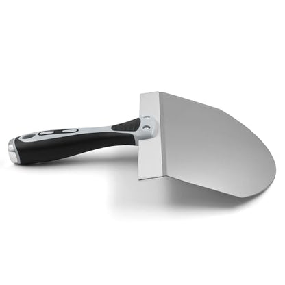 ROLLINGDOG 8 Inch Drywall Bucket Scoop Stainless Steel | Scraper Mud Scoop for Plaster, Morter, Putty, Curved scoop, Rubber grip handle, Angled handle - color: 8 Inch