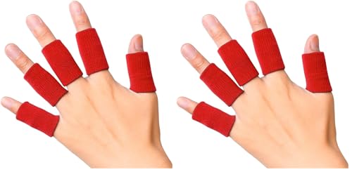JBM Adult Finger Brace Splint Sleeve Thumb Support Protector Soft Comfortable Cushion Pressure Safe Elastic Breathable for Basketball Volleyball Baseball Badminton Tennis Boating Gym (Red) (Pack of 2) - color: Red, size: One Size (Pack of 2)