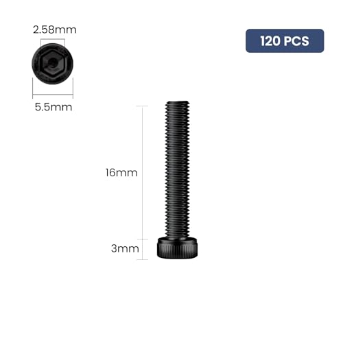 120pcs M3 x 16mm Hex Socket Head Cap Screws Bolts, 12.9 Grade Alloy Steel, Black Oxide Finish, Allen Socket Drive, Full Threads,with Hex Spanner - size: M3 x 16mm