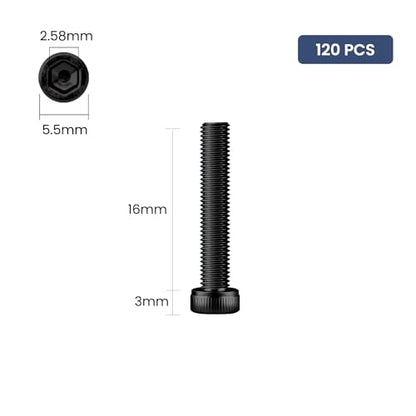 120pcs M3 x 16mm Hex Socket Head Cap Screws Bolts, 12.9 Grade Alloy Steel, Black Oxide Finish, Allen Socket Drive, Full Threads,with Hex Spanner - size: M3 x 16mm