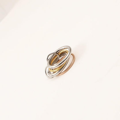 Shapes Studio Trio Linked Ring, stackable Ring, Minimalism style for women, Never Tarnish - size: 7, style: Four Band (two silver)