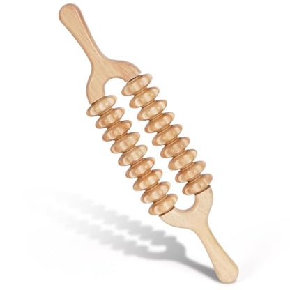 Liitrton Wooden Massage Roller for Legs, Double Row Massage Roller Stick | Smooth Body Roller, Wood Therapy Massage Tools for Trigger Points Relief, Sore Muscle Recovery - color: Double-9‑wheel