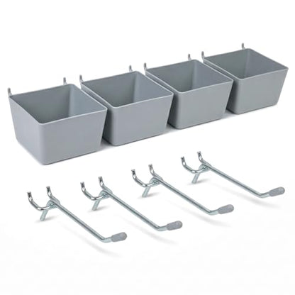 Pegboard Bins and Hooks Set, 4 Pack Open Front Storage Bins with 2 Inch Hooks, Fits 1/4" & 1/8" Pegboard, Heavy Duty Small Parts Organizer for Screws Nails Tools, Garage Workshop Wall Storage