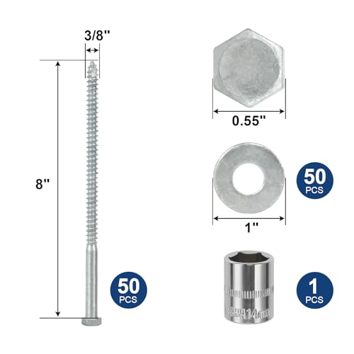 3/8" x 8" Lag Screws Bolts with Washers(50Pcs) | Hot Dip Galvanized Hex Head Lag Screws, Heavy Duty Lag Bolts for Wood, TV Mounts, Deck, Boat Repair - size: 3/8x8in