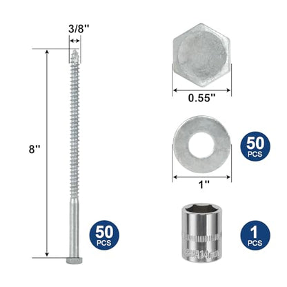3/8" x 8" Lag Screws Bolts with Washers(50Pcs) | Hot Dip Galvanized Hex Head Lag Screws, Heavy Duty Lag Bolts for Wood, TV Mounts, Deck, Boat Repair - size: 3/8x8in