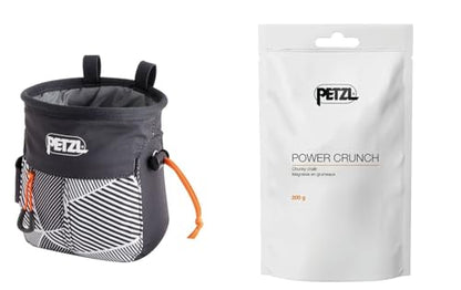 Petzl SAKAPOCHE Rock Climbing Chalk Bag | Ergonomic Chalk Pouch with Zippered Pocket for Gym, Sport, & Trad Climbing - color: Black Dazzle + 200g Powder Crunch Chalk