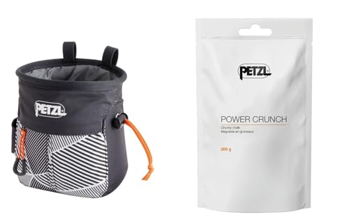 Petzl SAKAPOCHE Rock Climbing Chalk Bag | Ergonomic Chalk Pouch with Zippered Pocket for Gym, Sport, & Trad Climbing - color: Black Dazzle + 200g Powder Crunch Chalk