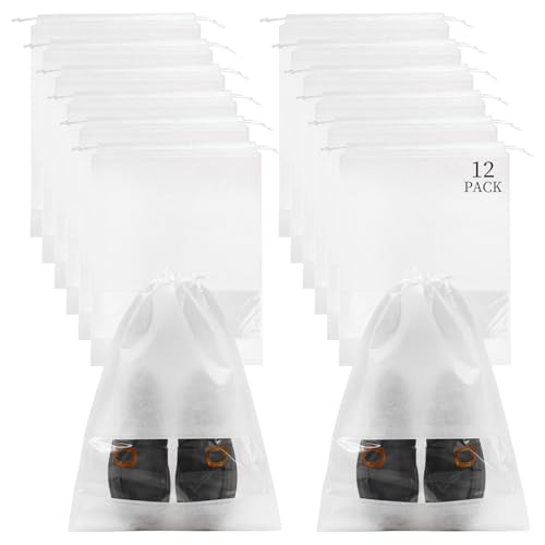 12 Pcs Portable Travel Shoe Bags, 17.3 x 12.6 Inches Waterproof Non-Woven Shoe Organizers Storage Bags, Large Drawstring Shoes Pouch Packing Organizers with Rope for Men, Women, Children (White) - color: White