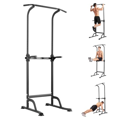 Power Tower Home Gym Strength Training Station Adjustable 10 Height Levels, Heavy-Duty Chin-Up Tower with Parallel Dip Handles, Bodyweight Workout Equipment for Pull-Ups, Dips, Knee Raises, Push-Ups, 330 Lb Capacity - color: Black