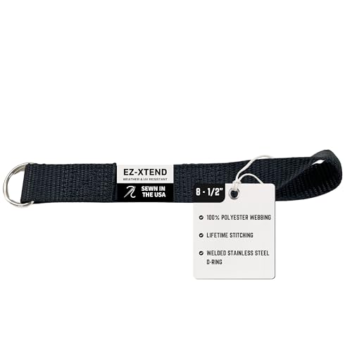 EZ-Xtend Premium D-Ring Strap with Loop for Rail Attachment of Standard Bimini Strap to Handrail - Stainless Steel D-Rings - Boat Accessories - 1 Pack (Black, 8 1/2 inches with D-Ring & Loop) - color: Black