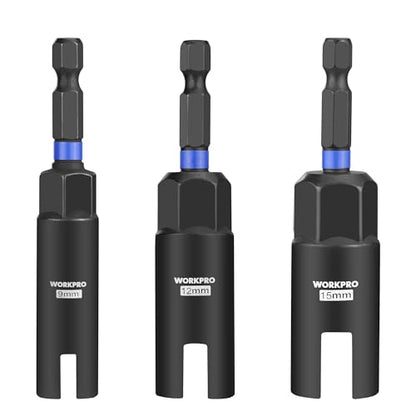 WORKPRO Wing Nut Driver CR-V Steel,3 PCS 9mm 12mm 15mm,1/4 Inch Hex Shank | 3 Essential Sizes;Installs Without Hand Strain;For Wing Nuts,Eye Bolts & Wire Twisting