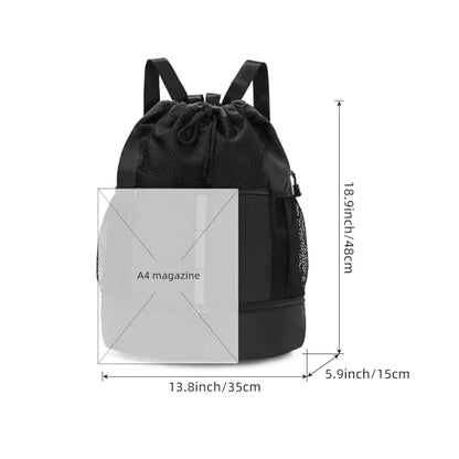 Valleycomfy Drawstring Gym Bag Sports Backpack With Shoe Compartment Black | Reflective Strips Top Handle - color: Black