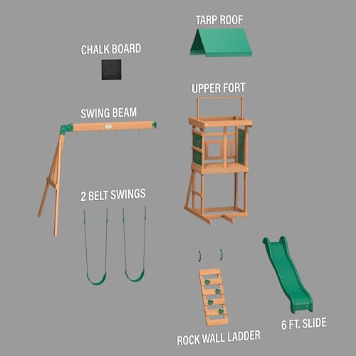 Backyard Discovery Buckley Hill Cedar Wood Swing Set with Wave Slide, Play Deck, Rock Wall Ladder, Belt Swings, Chalkboard, Canopy Roof, Outdoor Playset - color: Green