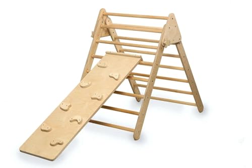 Montessori Climbing Triangle | Wooden Indoor Climbing Frame for Kids & Toddlers | Montessori Climbing Structure | Montessori Play Structure Wooden Activity Triangle (Triangle + Rockwall Ramp) - style: Triangle + Rockwall Ramp