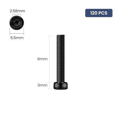 120pcs M3 x 6mm Hex Socket Head Cap Screws Bolts, 12.9 Grade Alloy Steel, Black Oxide Finish, Allen Socket Drive, Full Threads,with Hex Spanner - size: M3 x 6mm