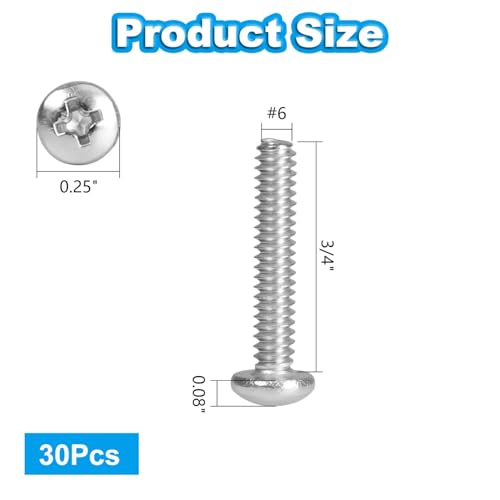 30 Pcs #6-32 x 3/4" Pan Head Machine Screws, 304 Stainless Steel, Truss Head Bolts, Full Thread, Bright Finish, Phillips Drive for Furniture Repairs and 3D Printer - size: #6-32 x 3/4"