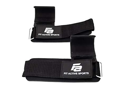Fit Active Sports Heavy Duty Steel Weight Lifting Hooks with Wrist Straps - for Gym Barbell Deadlift Power Lifting Workouts - Workout Grips with Padded Straps - Great for Men and Women