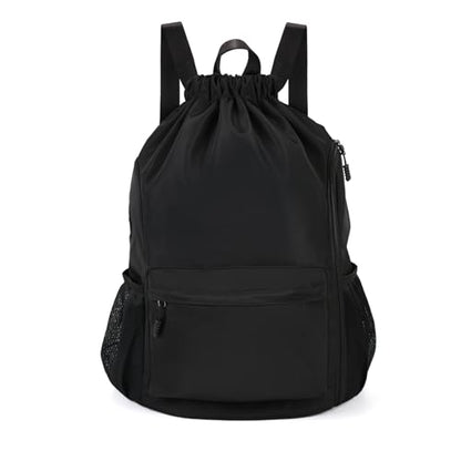 Valleycomfy Waterproof Drawstring Gym Backpack Bag for Men & Women Black | Sports Gym Bag with Side Pocket - color: A-black