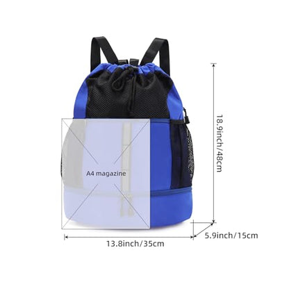 Valleycomfy Drawstring Gym Bag Sports Backpack With Shoe Compartment Blue | Reflective Strips Top Handle - color: Royal Blue