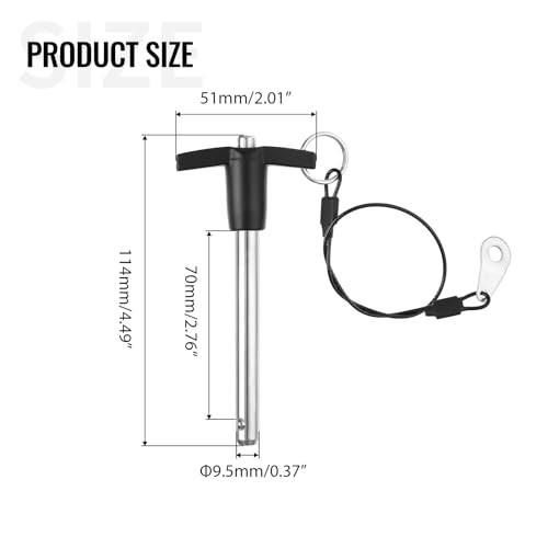 T Handle Quick Release Pin 3/8 Inch Diameter ,Stainless Steel Ball Locking Pin with Push Button Lanyard Cable Usable Length 2.76"(9.5*70mm) - size: 9.5mm-70mm