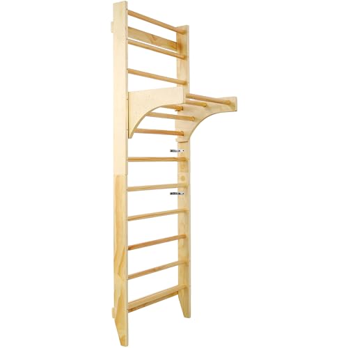 Swedish Ladder with Adjustable Pull‑Up Bar, Stall Bars Set for Physical Therapy Gymnastics Home Gym Strength Training, Durable Beech and Pine Wall Mounted Climbing Ladder for Fitness and Rehab - size: 86.6 H