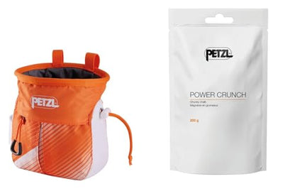Petzl SAKAPOCHE Rock Climbing Chalk Bag | Ergonomic Chalk Pouch with Zippered Pocket for Gym, Sport, & Trad Climbing - color: Orange/White + 200g Powder Crunch Chalk
