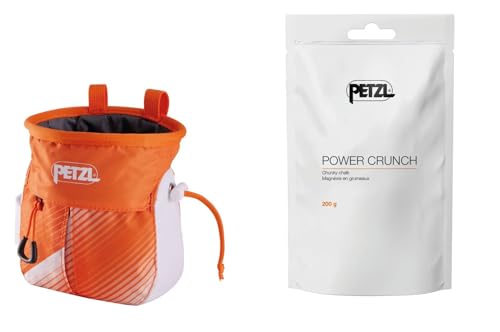 Petzl SAKAPOCHE Rock Climbing Chalk Bag | Ergonomic Chalk Pouch with Zippered Pocket for Gym, Sport, & Trad Climbing - color: Orange/White + 200g Powder Crunch Chalk