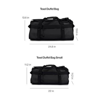 RAINS Texel Duffel Small – Waterproof Convertible Backpack, 11.4 gal | Waterproof PU duffel for women and men; 43 L convertible backpack, U-shaped zip, internal mesh pockets, padded straps - color: Black, size: Small