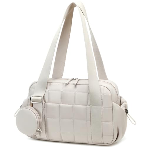 CAMTOP Mini Gym Bag for Women, Small Gym Tote Bag Puffy Quilted Sports Duffel Bag with Wet Compartment and Coin Purse Duffel Bags Dance Yoga Workout Bag for Gifts (Beige, Mini-12.6") - color: Beige, size: Mini-12.6"