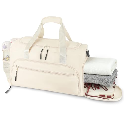Gym Bag for Men Women, Sports Duffle Bag with Wet Pocket & Shoes Compartment, Water Resistant Overnight Weekender Bag Duffel Bag - color: Beige