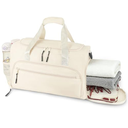 Gym Bag for Men Women, Sports Duffle Bag with Wet Pocket & Shoes Compartment, Water Resistant Overnight Weekender Bag Duffel Bag - color: Beige