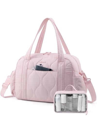 LOVEVOOK Duffle Bag for Travel, Puffer Weekender Gym Bags for Women with Wet Pocket, Lightweight Carry On Bag Overnight Bag with Toiletry Bag, Hospital Bags for Labor - color: Pink, size: 20L-2 Pcs
